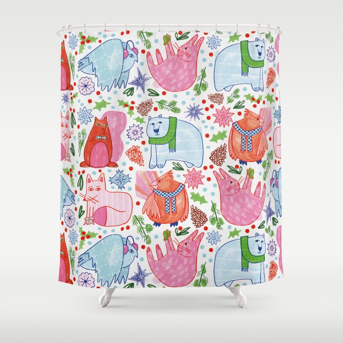 Winter Forest Woodland Animals in Pink & Blue Shower Curtain Gallery Image 1