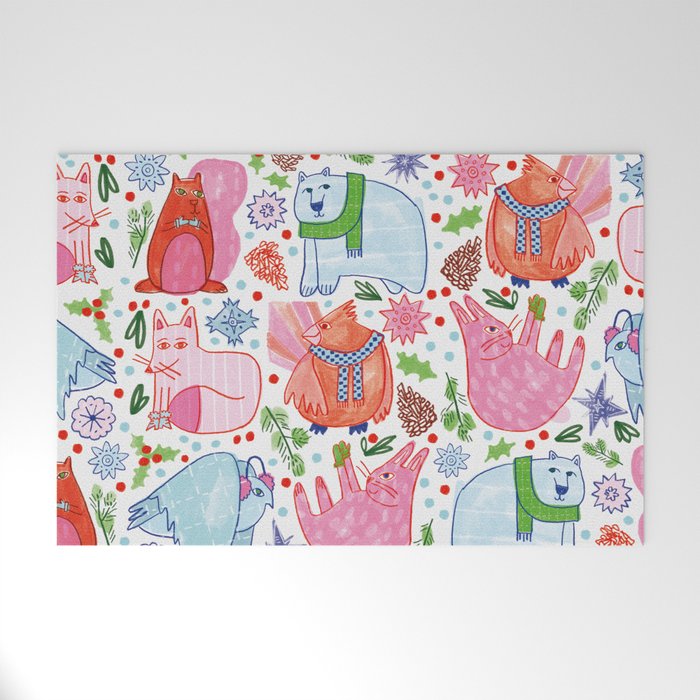 Winter Forest Woodland Animals in Pink & Blue Welcome Mat Gallery Image 1