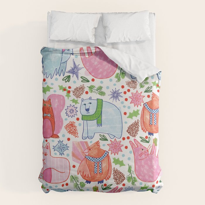 Winter Forest Woodland Animals in Pink & Blue Duvet Cover Gallery Image 6