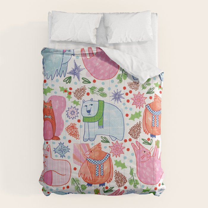 Winter Forest Woodland Animals in Pink & Blue Comforter Gallery Image 1