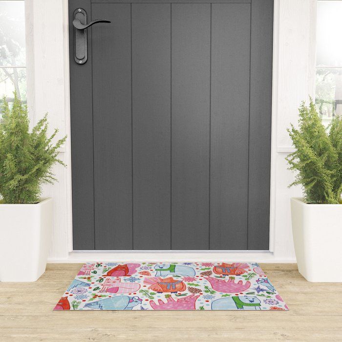 Winter Forest Woodland Animals in Pink & Blue Welcome Mat Gallery Image 3
