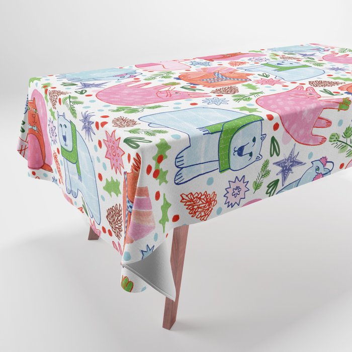 Winter Forest Woodland Animals in Pink & Blue Tablecloth Gallery Image 1