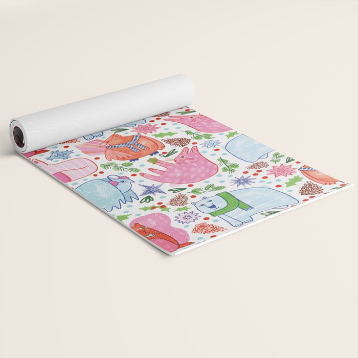 Winter Forest Woodland Animals in Pink & Blue Yoga Mat Gallery Image 2