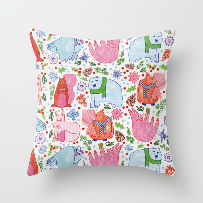 Winter Forest Woodland Animals in Pink & Blue Throw Pillow Gallery Image 6