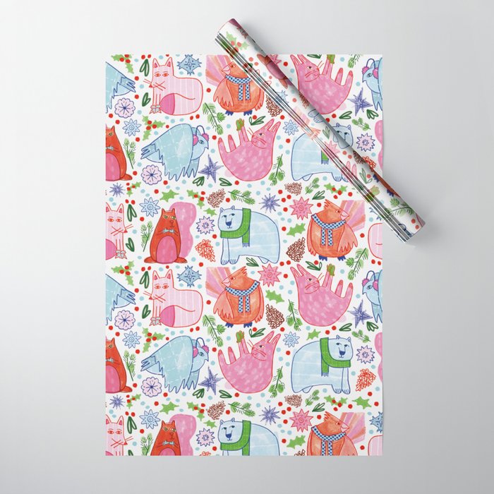 Winter Forest Woodland Animals in Pink & Blue Wrapping Paper Gallery Image 1