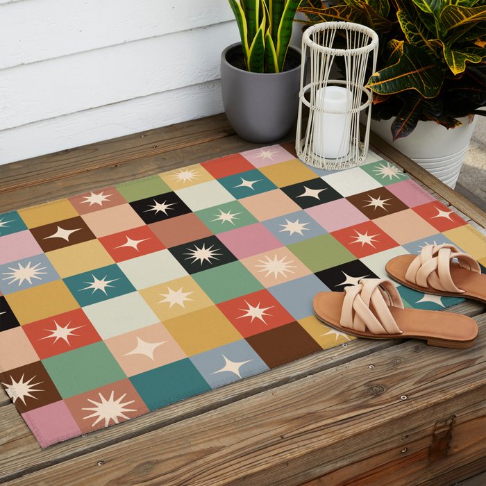 Retro Festive Sparkle Checker  Outdoor Rug Gallery Image 2