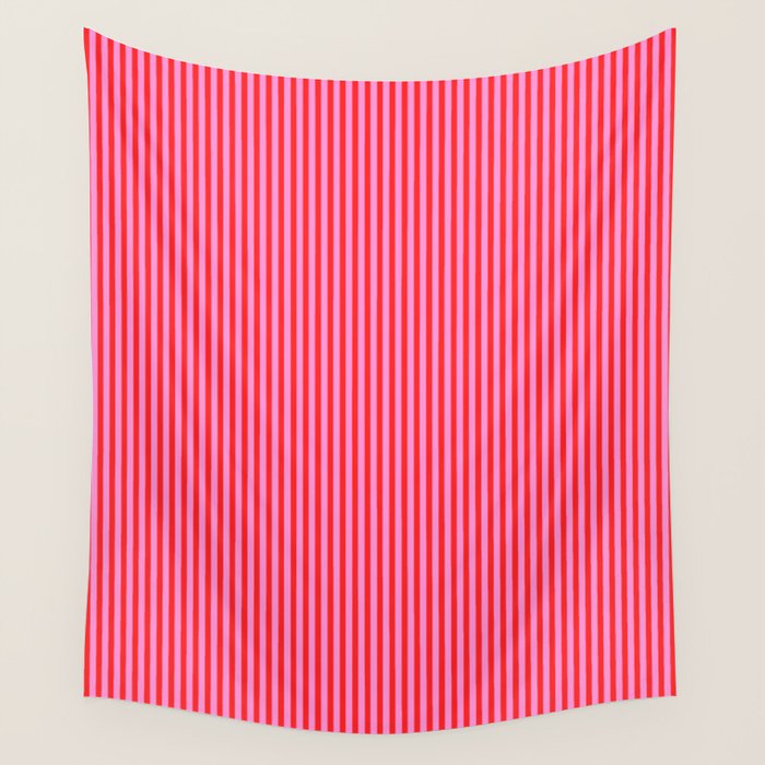 Ultra Fine Stripes Vertical Pattern in Preppy Pink and Red Wall Tapestry Gallery Image 1