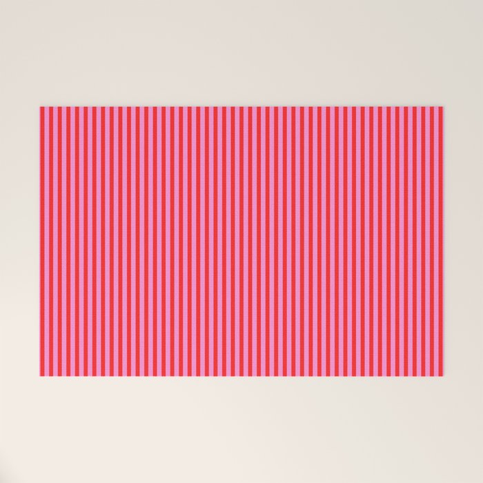 Ultra Fine Stripes Vertical Pattern in Preppy Pink and Red Welcome Mat Gallery Image 1