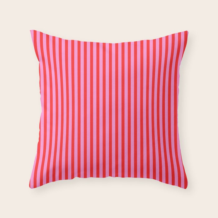 Ultra Fine Stripes Vertical Pattern in Preppy Pink and Red Throw Pillow Gallery Image 1