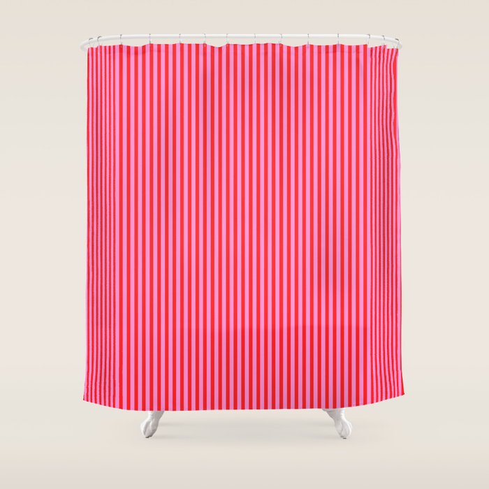 Ultra Fine Stripes Vertical Pattern in Preppy Pink and Red Shower Curtain Gallery Image 1