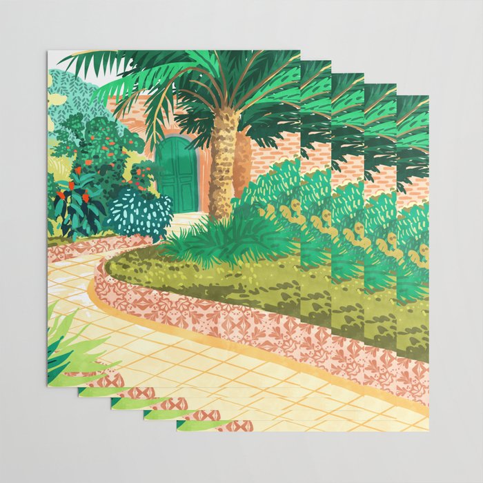 The House With The Green Door, Nature Architecture Painting, Places Stay At Home Tropical Villa Wrapping Paper Gallery Image 3