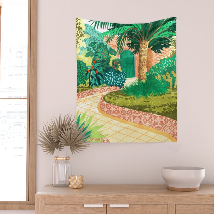 The House With The Green Door, Nature Architecture Painting, Places Stay At Home Tropical Villa Wall Tapestry Gallery Image 2