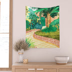 The House With The Green Door, Nature Architecture Painting, Places Stay At Home Tropical Villa Wall Tapestry Gallery Image 2