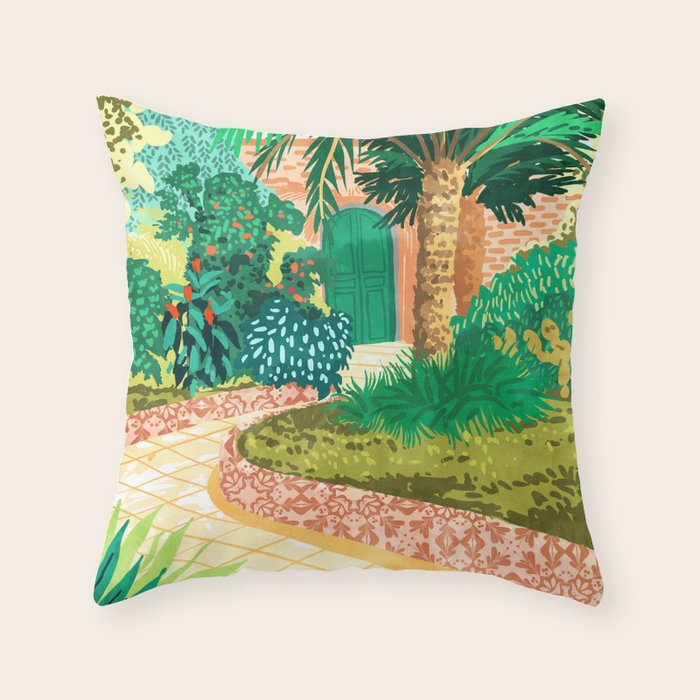 The House With The Green Door, Nature Architecture Painting, Places Stay At Home Tropical Villa Throw Pillow Gallery Image 1