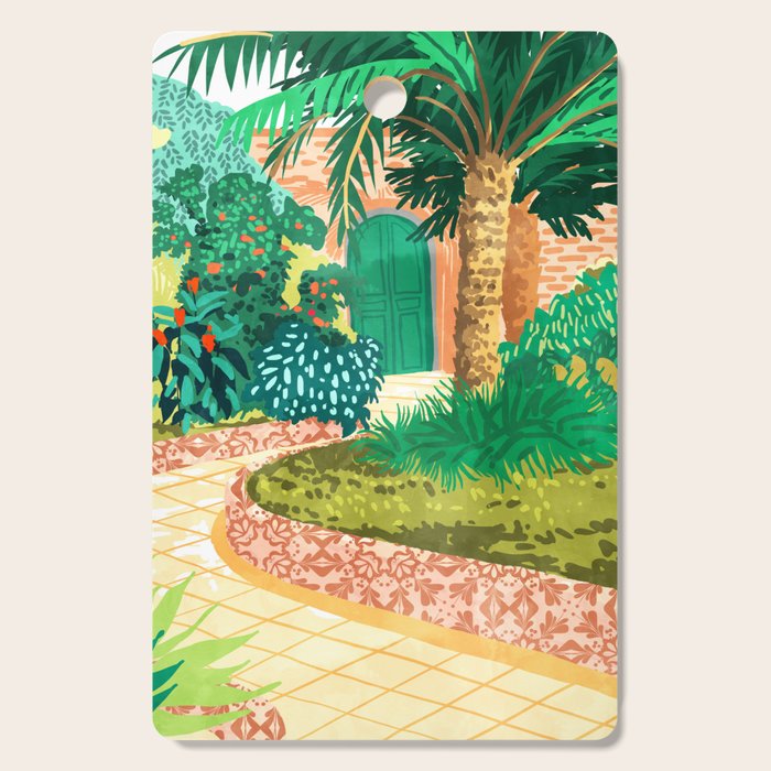 The House With The Green Door, Nature Architecture Painting, Places Stay At Home Tropical Villa Cutting Board Gallery Image 1