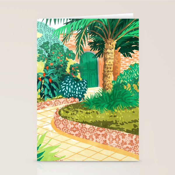 The House With The Green Door, Nature Architecture Painting, Places Stay At Home Tropical Villa Stationery Card Gallery Image 1