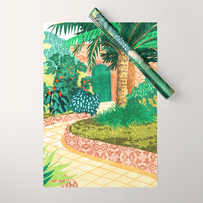 The House With The Green Door, Nature Architecture Painting, Places Stay At Home Tropical Villa Wrapping Paper Gallery Image 1