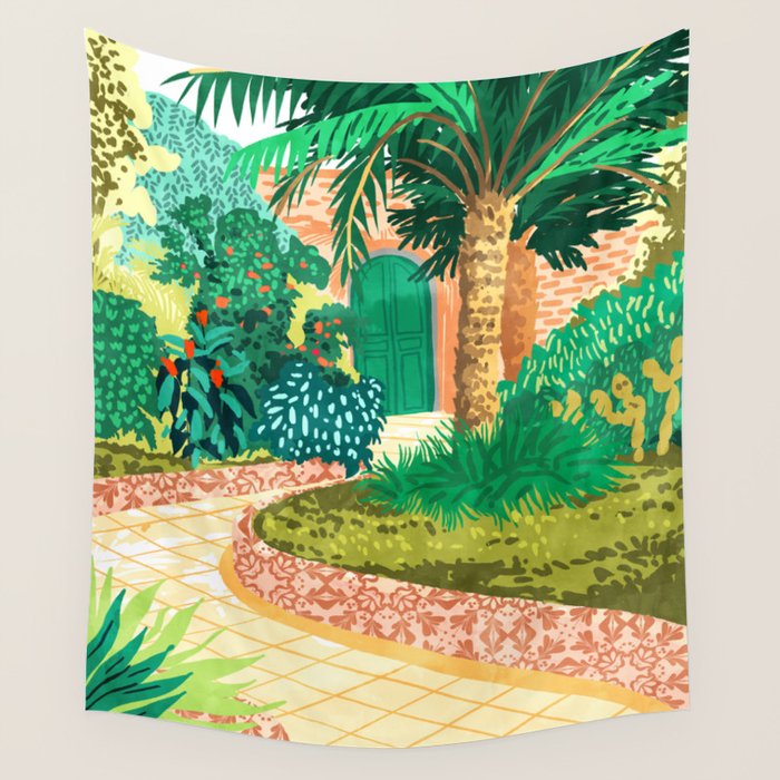The House With The Green Door, Nature Architecture Painting, Places Stay At Home Tropical Villa Wall Tapestry Gallery Image 4