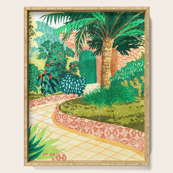 The House With The Green Door, Nature Architecture Painting, Places Stay At Home Tropical Villa Serving Tray Gallery Image 1