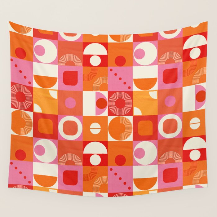 Retro Geo Pop Orange Pink Pattern Wall Tapestry Gallery Image 4