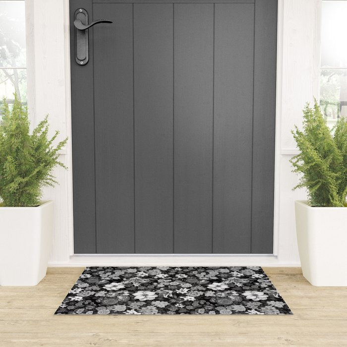Black and White Floral Pattern Welcome Mat Gallery Image 3