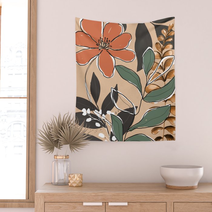 Elegant Botanical Line Art 2 Wall Tapestry Gallery Image 2