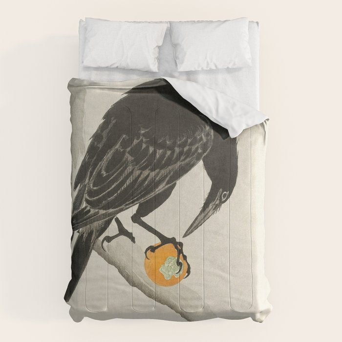Crow eating persimmon Fruit - Vintage Japanese Woodblock Print Art Comforter Gallery Image 6