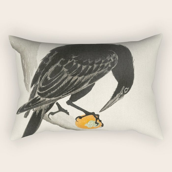 Crow eating persimmon Fruit - Vintage Japanese Woodblock Print Art Rectangular Pillow Gallery Image 1