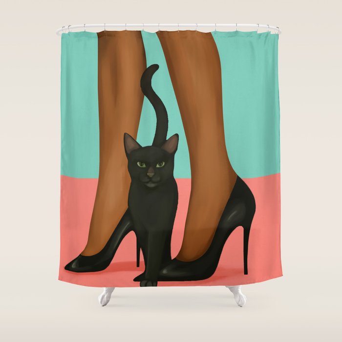 Woman in Heels with Black Cat Shower Curtain Gallery Image 1