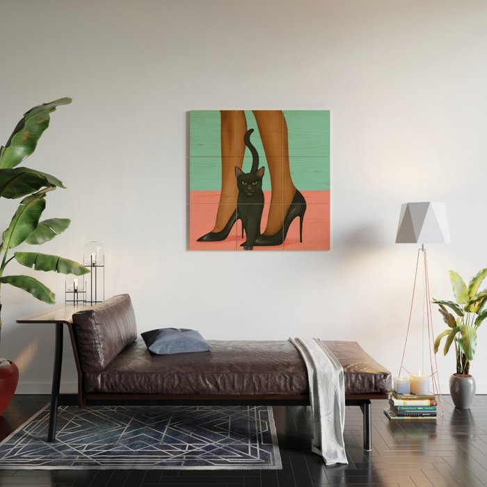 Woman in Heels with Black Cat Wood Wall Art Gallery Image 2