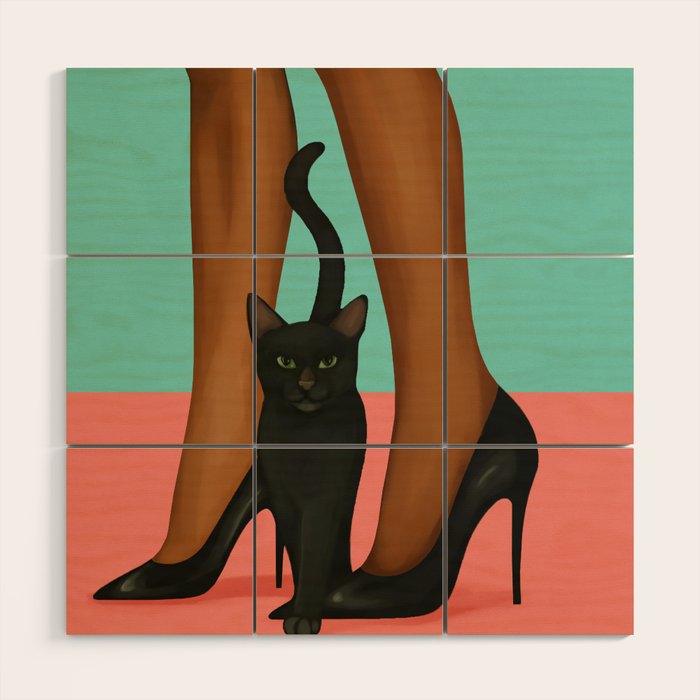 Woman in Heels with Black Cat Wood Wall Art Gallery Image 1