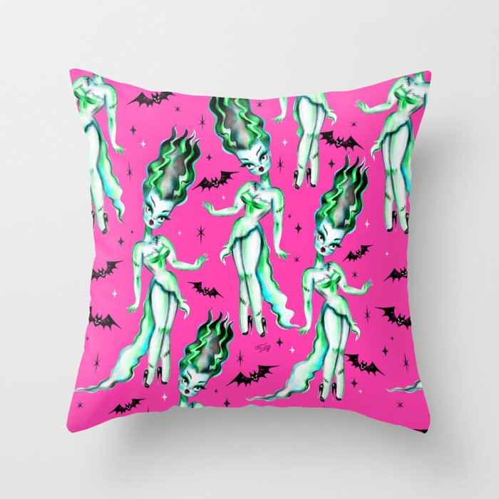 Bride of Frankenstein on Hot Pink Throw Pillow Gallery Image 1