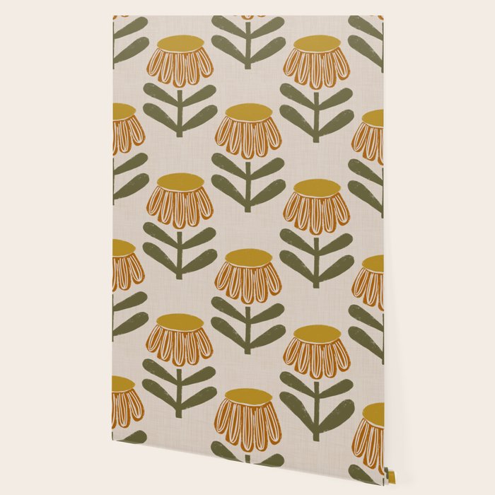 Retro Floral Mustard - Mid Century Modern Daisy Wallpaper Gallery Image 2
