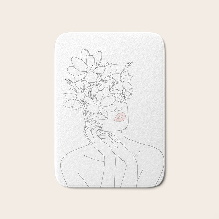 Minimal Line Art Woman with Magnolia Bath Mat Gallery Image 1