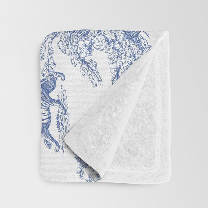 Toile de Jouy Vintage French Exotic Jungle Forest Navy Blue & White Throw Blanket Gallery Image 3