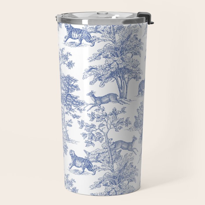 Toile de Jouy Vintage French Exotic Jungle Forest Navy Blue & White Travel Mug Gallery Image 2
