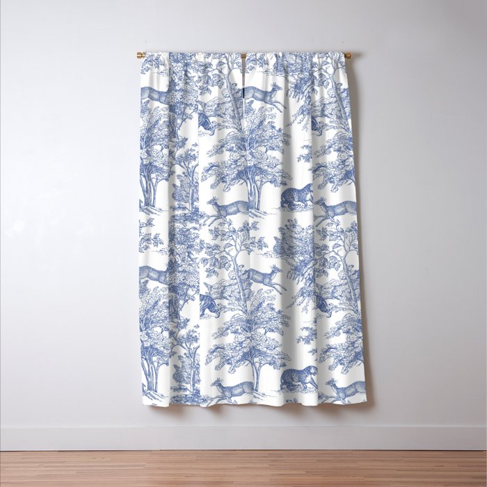 Toile de Jouy Vintage French Exotic Jungle Forest Navy Blue & White Window Curtain Gallery Image 3