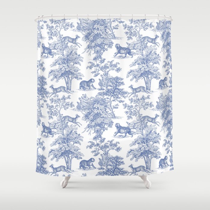 Toile de Jouy Vintage French Exotic Jungle Forest Navy Blue & White Shower Curtain Gallery Image 1