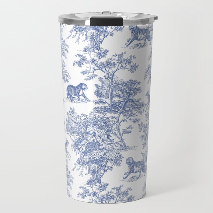 Toile de Jouy Vintage French Exotic Jungle Forest Navy Blue & White Travel Mug Gallery Image 1