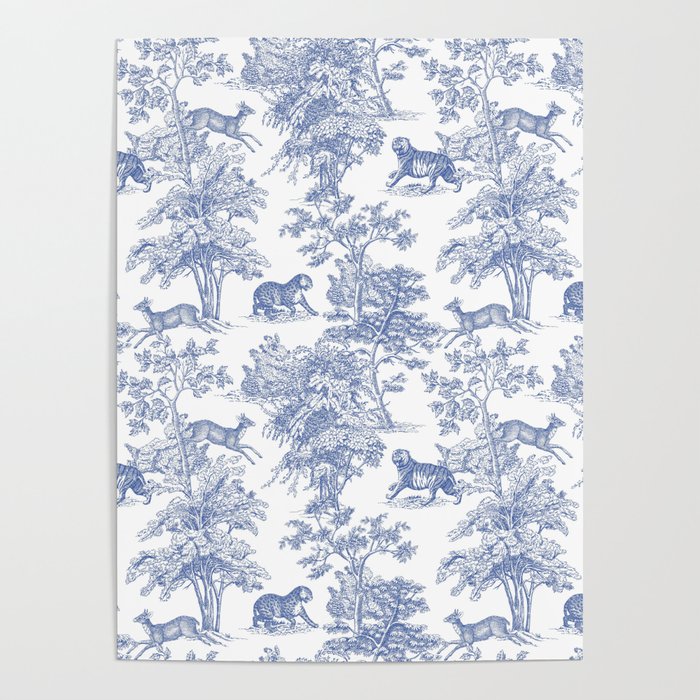 Toile de Jouy Vintage French Exotic Jungle Forest Navy Blue & White Poster Gallery Image 4