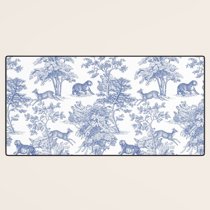 Toile de Jouy Vintage French Exotic Jungle Forest Navy Blue & White Desk Mat Gallery Image 3