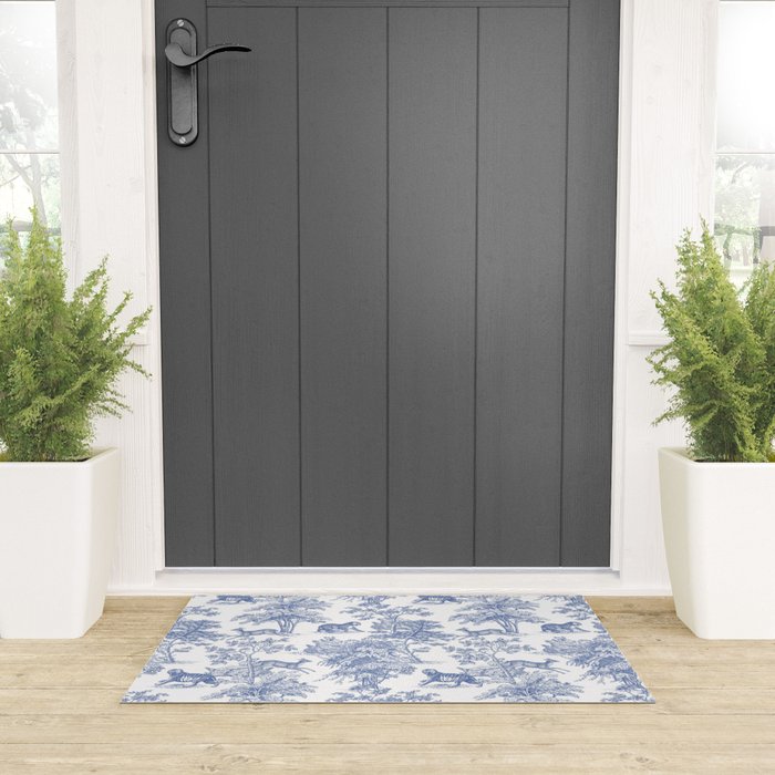 Toile de Jouy Vintage French Exotic Jungle Forest Navy Blue & White Welcome Mat Gallery Image 3