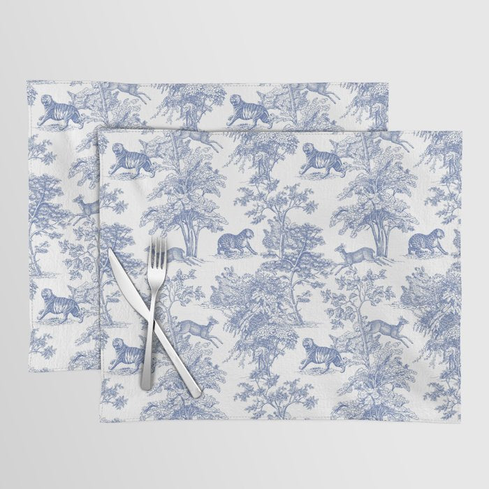 Toile de Jouy Vintage French Exotic Jungle Forest Navy Blue & White Placemat Gallery Image 1