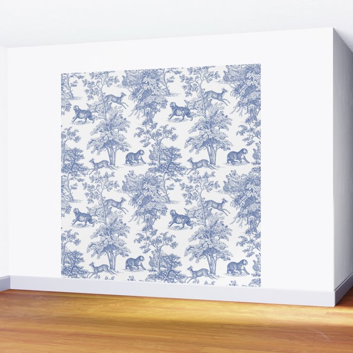 Toile de Jouy Vintage French Exotic Jungle Forest Navy Blue & White Wall Mural Gallery Image 2