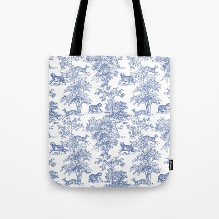Toile de Jouy Vintage French Exotic Jungle Forest Navy Blue & White Tote Bag Gallery Image 1
