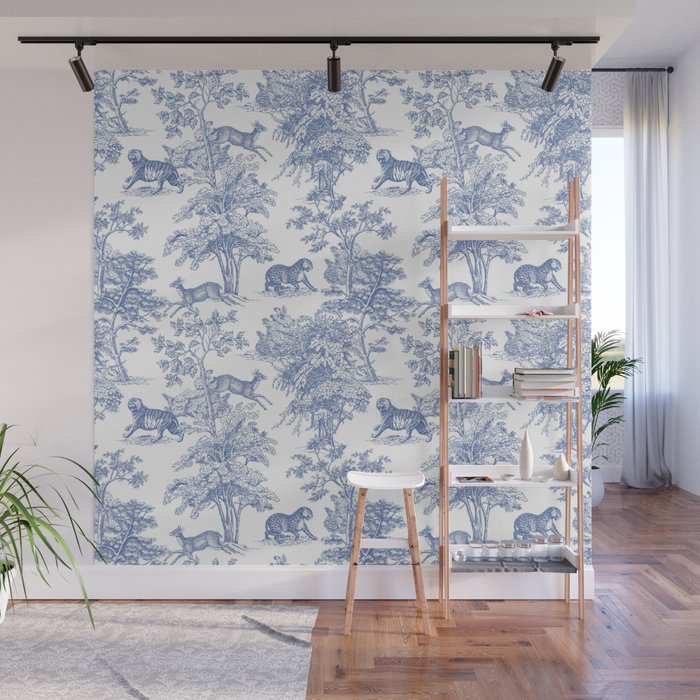 Toile de Jouy Vintage French Exotic Jungle Forest Navy Blue & White Wall Mural Gallery Image 1