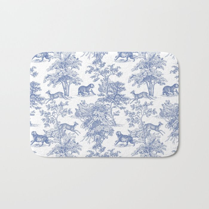 Toile de Jouy Vintage French Exotic Jungle Forest Navy Blue & White Bath Mat Gallery Image 1