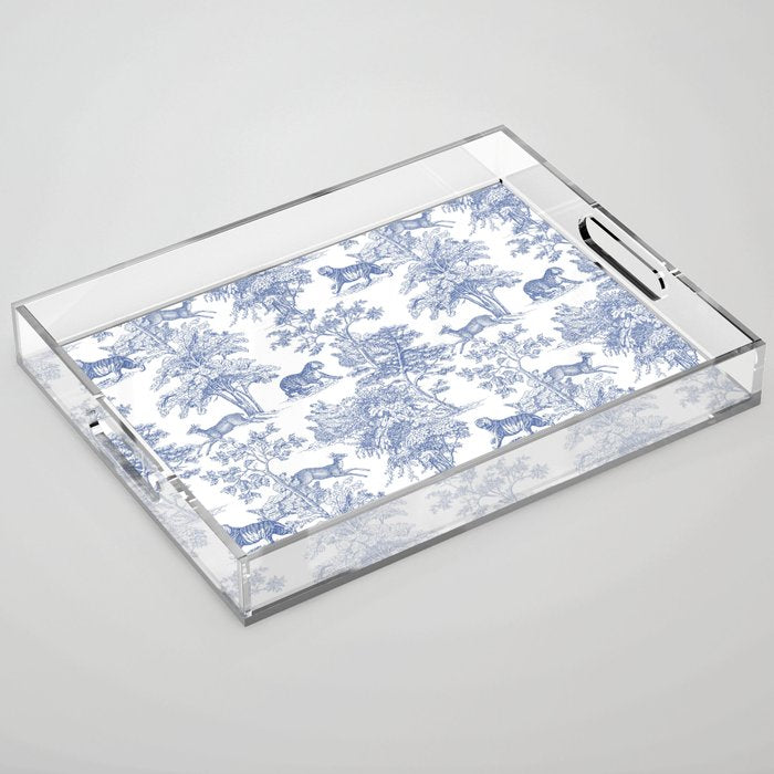 Toile de Jouy Vintage French Exotic Jungle Forest Navy Blue & White Acrylic Tray Gallery Image 1