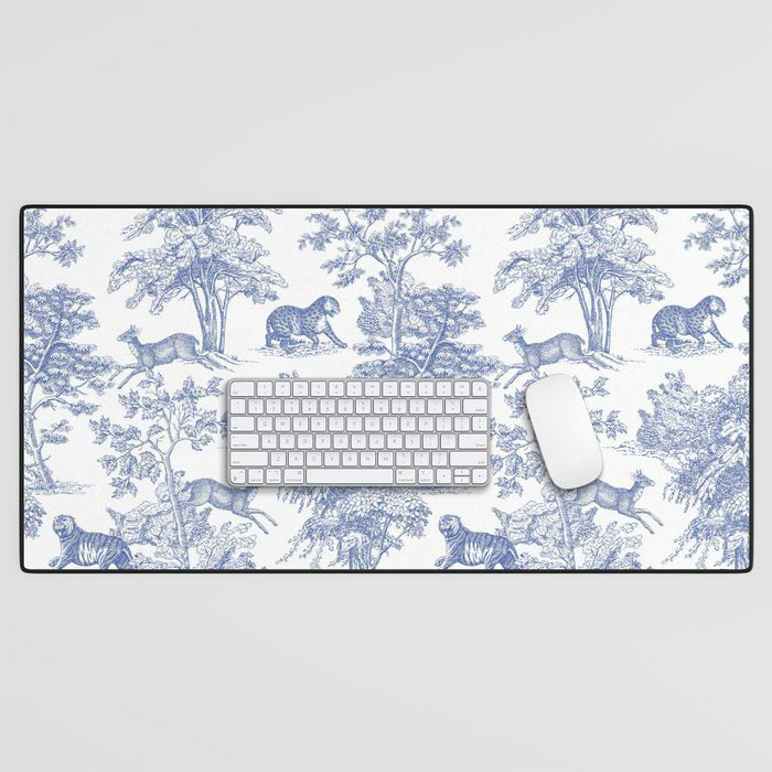 Toile de Jouy Vintage French Exotic Jungle Forest Navy Blue & White Desk Mat Gallery Image 1