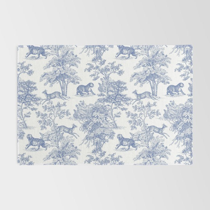 Toile de Jouy Vintage French Exotic Jungle Forest Navy Blue & White Rug Gallery Image 2